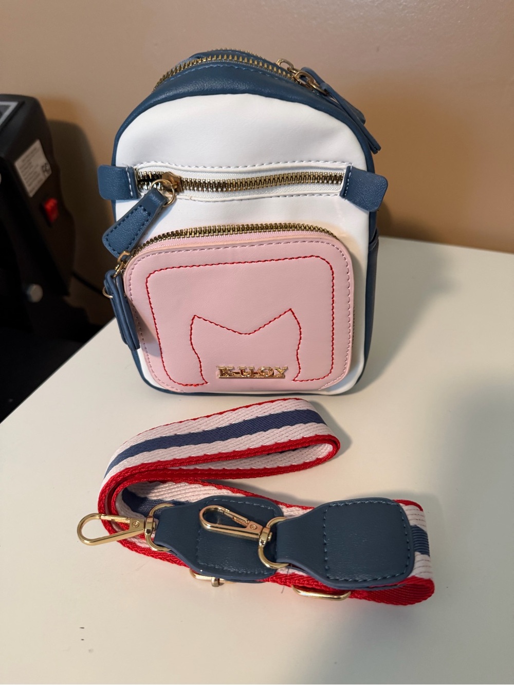 Mini Crossbody Bag - Pink & White with Navy Trim